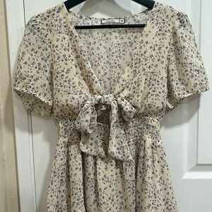 Mesh creamy dress with purple flowers